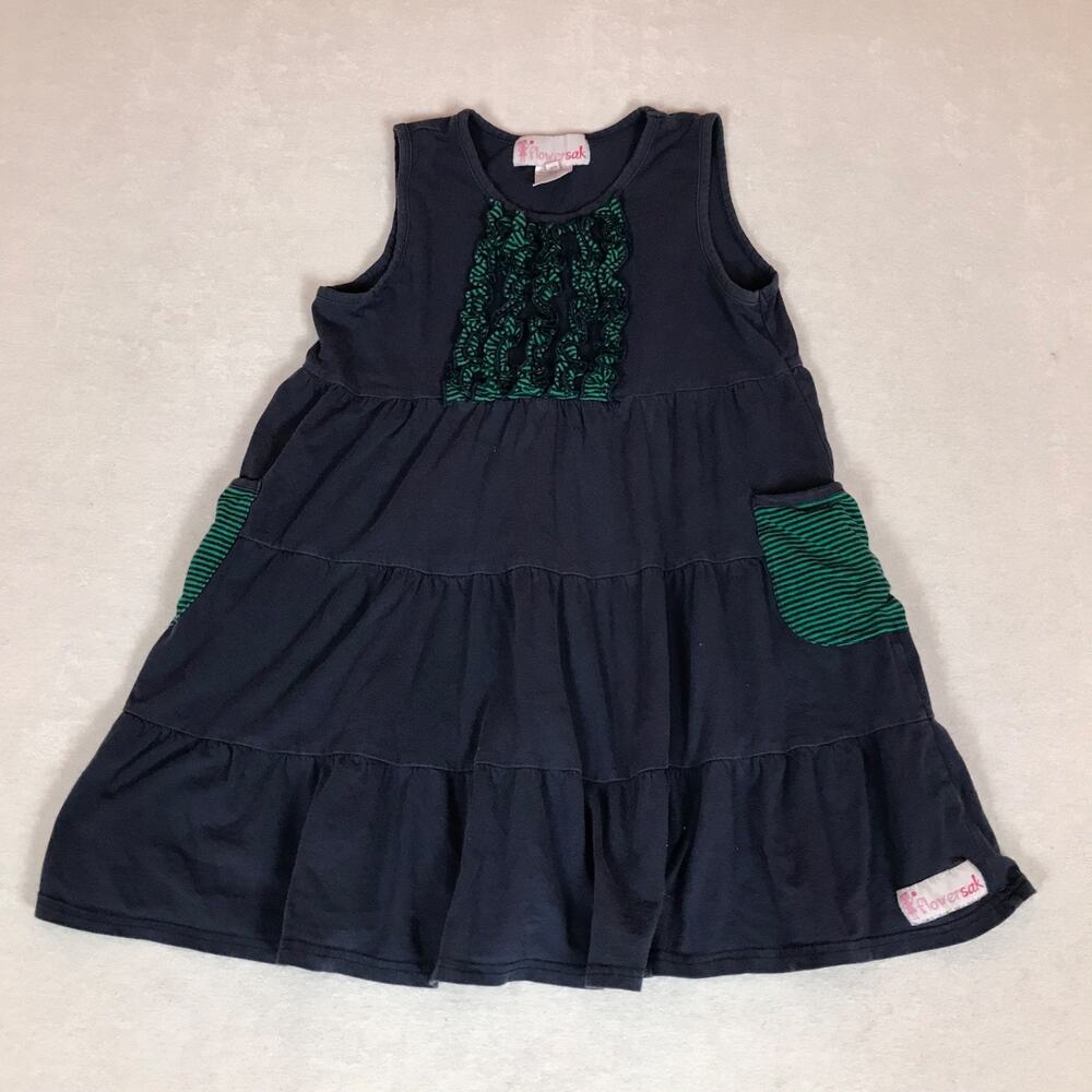 Flowersak Patch Pocket Tiered Ruffled Blue Green Sleeveless Dress Size 12/14